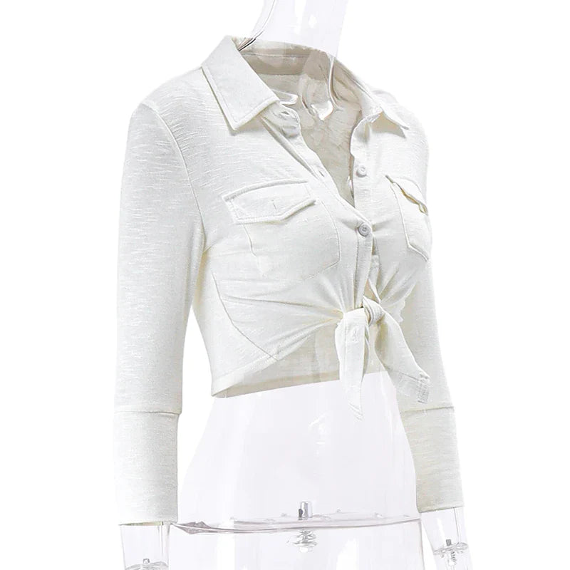 Sexy Polo Neck Button Up Crop Top Cardigan with Long Sleeves Twist Knot Bandage Vest for Women