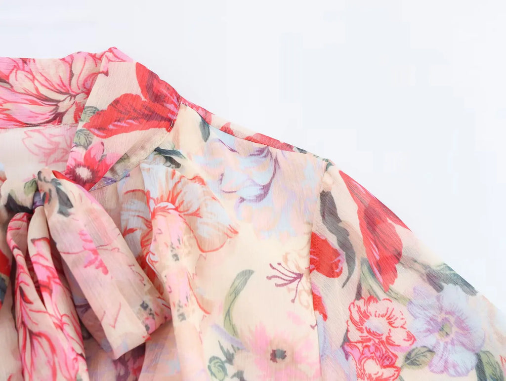 Floral Print Midi Dress With High Neck And Tie Front Belt