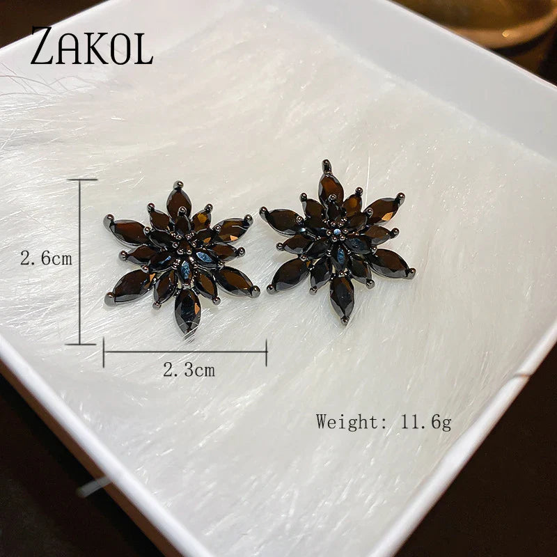 Korea Fashion Black Zircon Flower Stud Earrings for Women Shiny Wedding and Party Jewelry