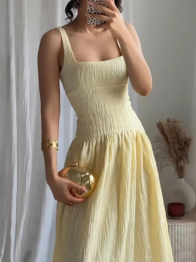 Textured Midi Dress For Women Square Neck Elegant Charm