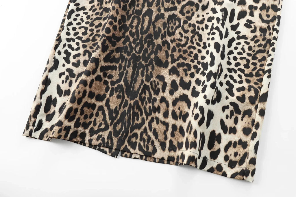 Leopard Print Midi Dress For Women Shirt Style Short Sleeve