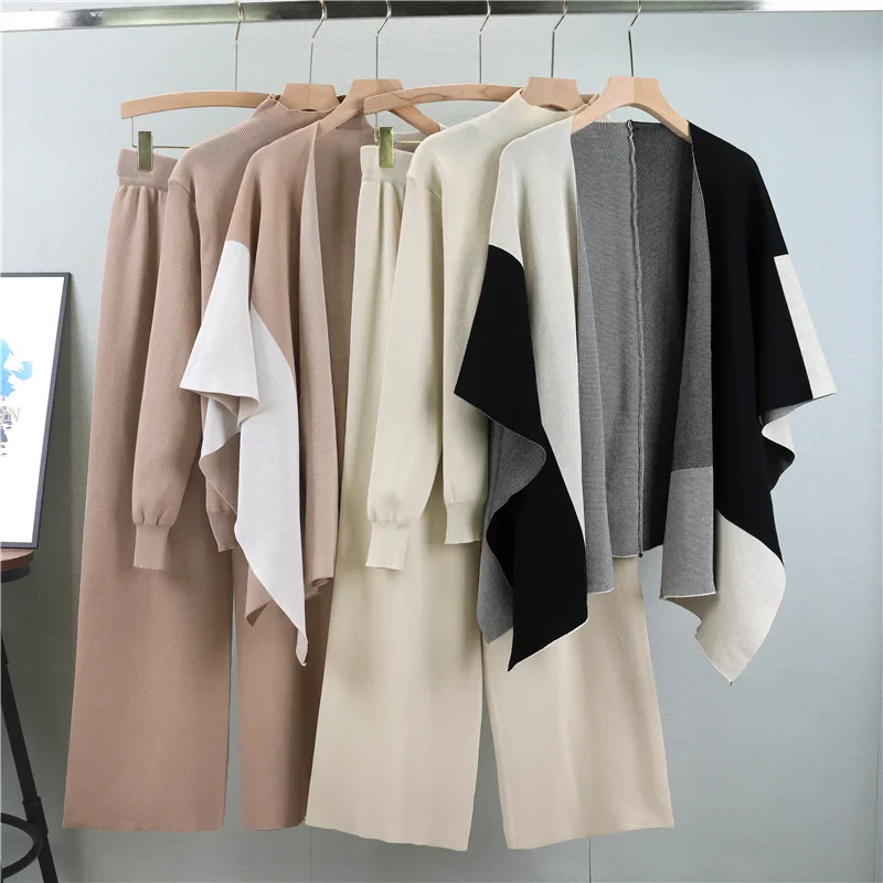 Elegant Knitted Three-Piece Suit for Women Autumn Winter Cozy Knit Top Wide Leg Pants and Shawl Set Casual Layered Outfit