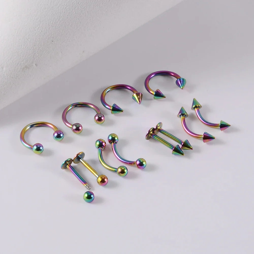 12 Piece Surgical Steel Piercing Jewelry Set with Gold Plated Black Rainbow Ear Nose and Eyebrow Labret 8mm