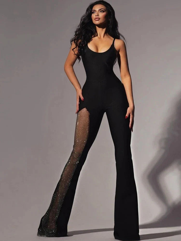 Shiny Silver Mesh Patchwork Jumpsuit for Women Sleeveless Hipster One Piece Twinkle High Streetwear