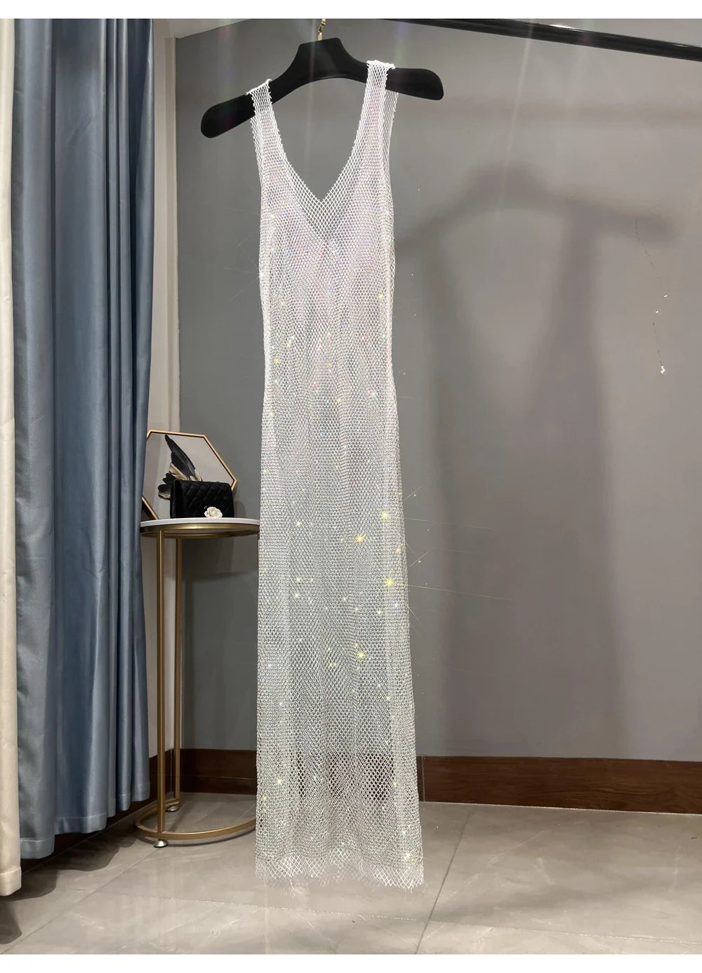 Rhinestone Party Dress Deep V Neck Mesh Club Wear For Women