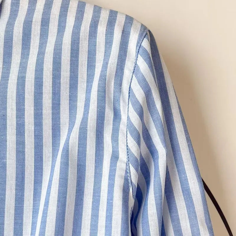 Women's Blue Pure Linen Striped Shirt Comfortable Casual Commuting Top Spring Autumn Lightweight Blouse