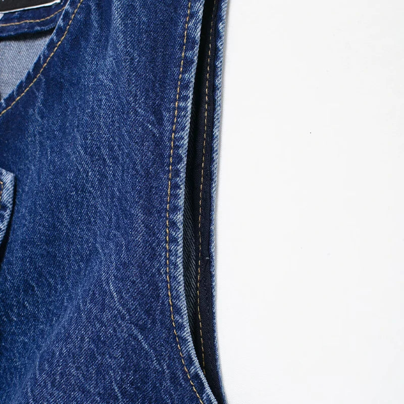 Women's Fashion Denim Blue V-Neck Tank Top and Vintage Straight Leg Pants Two Piece Set