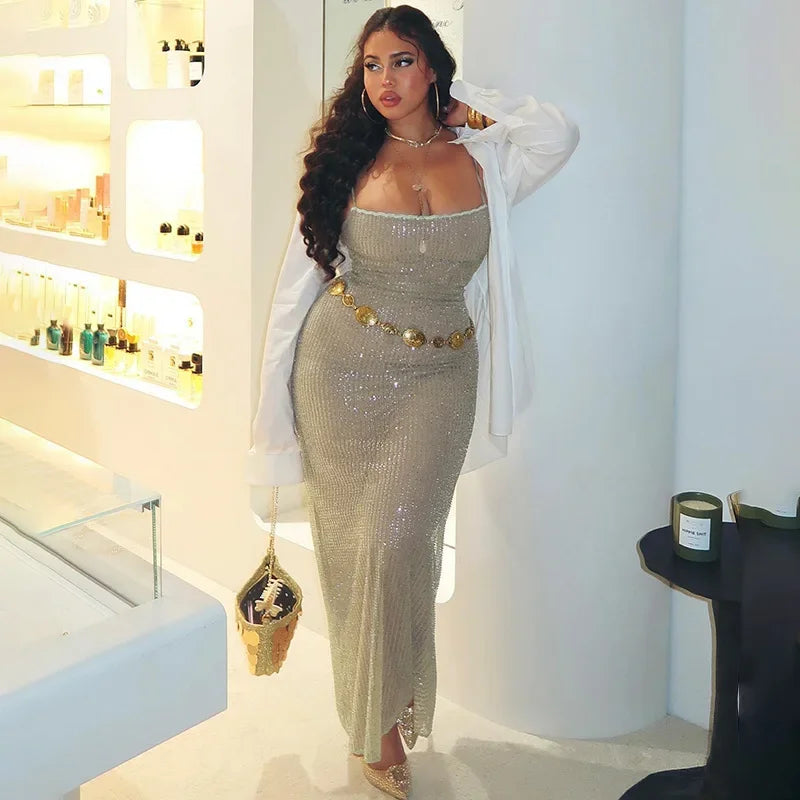 Sequined Glitter Maxi Dress Backless Party Evening Gown