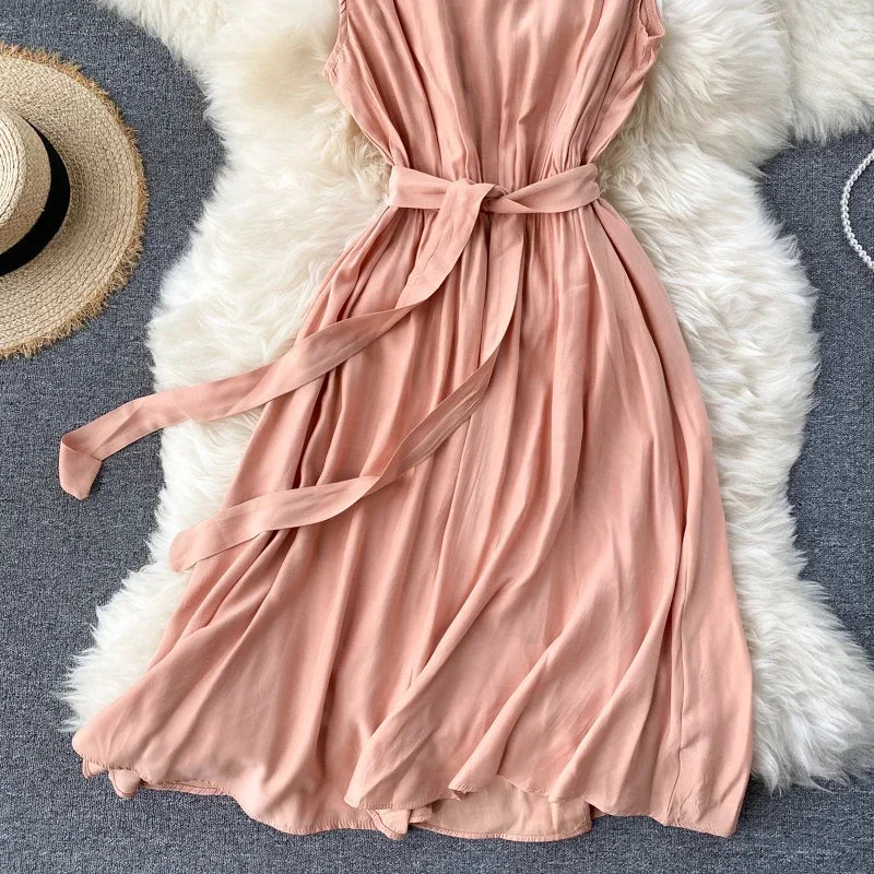 Sleeveless Summer Dress Solid Colors Green Blue Yellow Casual