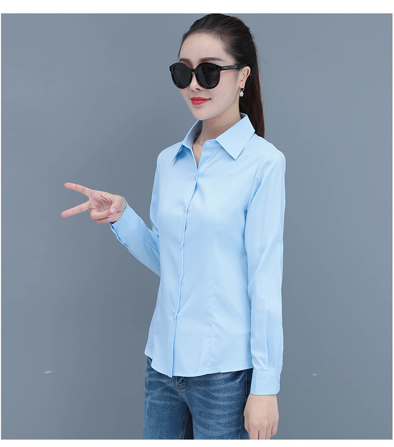 Elegant Slim Fit Blue Long Sleeve Blouse for Women Formal Office Shirt Basic Workwear Top