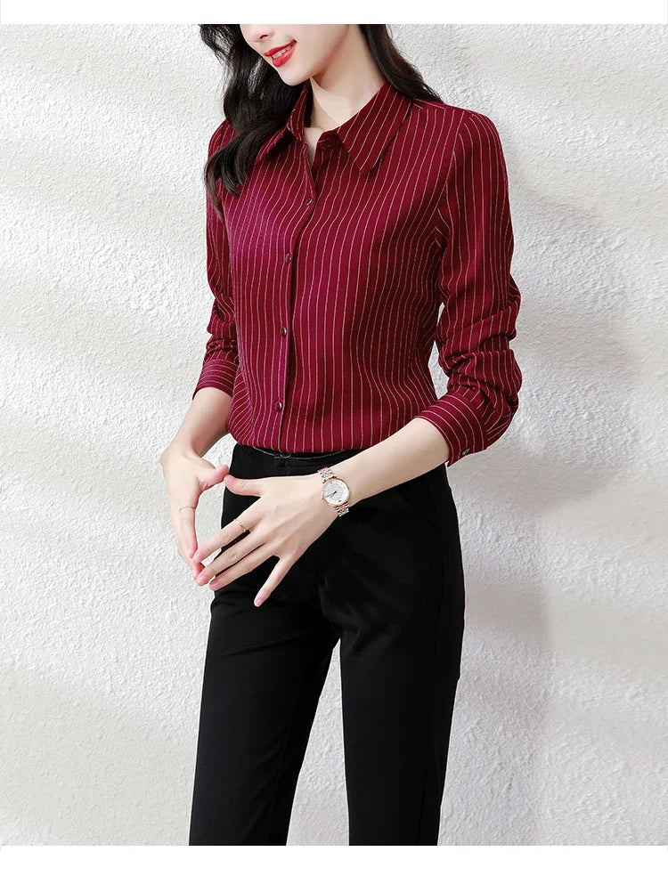 Striped Long Sleeve Women Shirt Button Up Blouse Lightweight Chiffon Tops Elegant Casual Office Wear