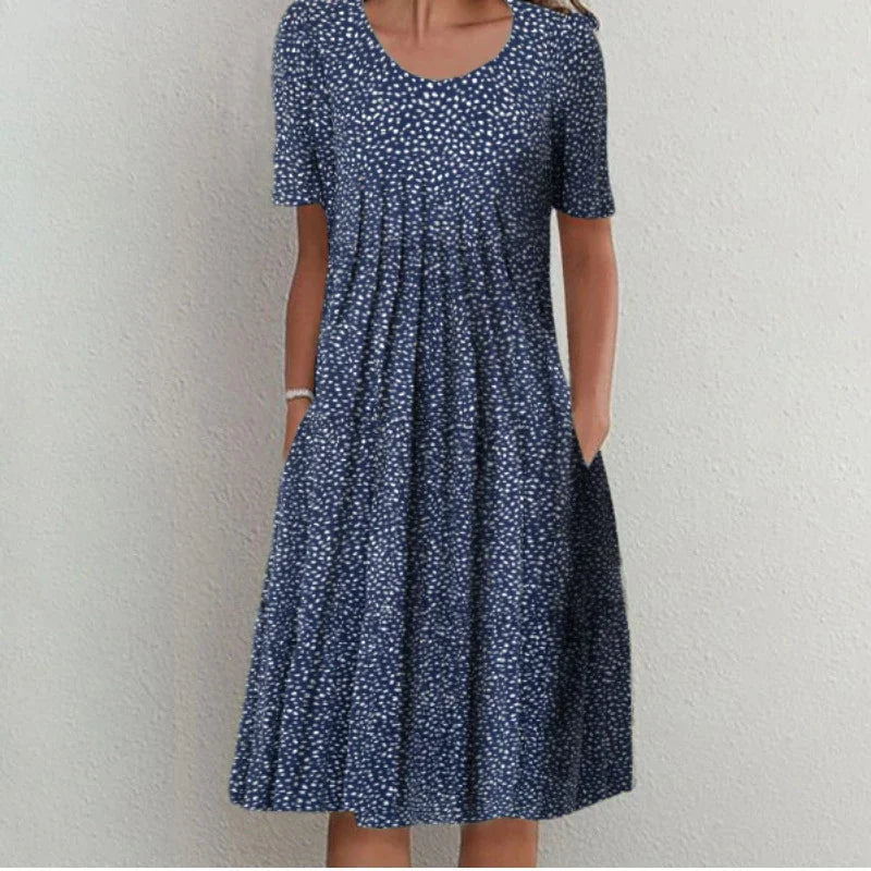 Elegant Swing Dress Round Neck Short Sleeve Printed