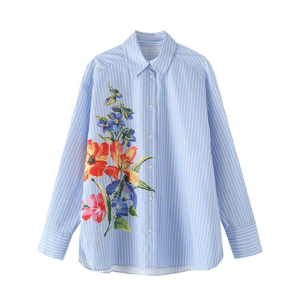 Women's Floral Print Striped Lapel Single-Breasted Long Sleeve Shirt for Early Autumn Fashion