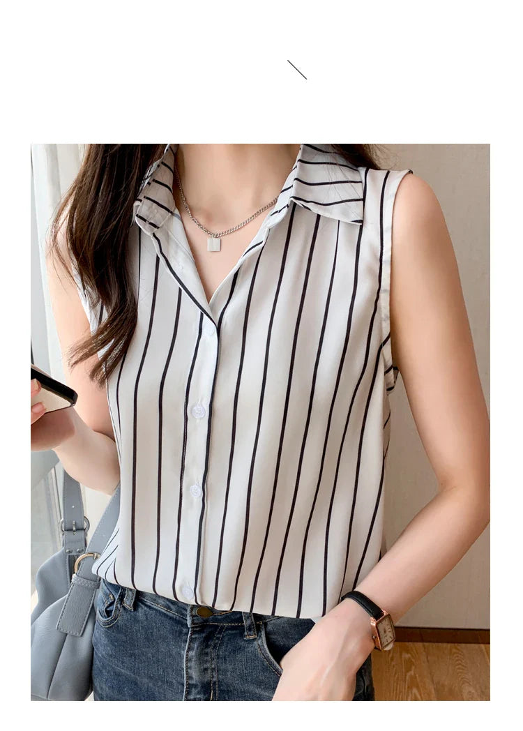 Striped Sleeveless Chiffon Blouse for Women Summer Vest Casual Lightweight Tops Basic White Shirt