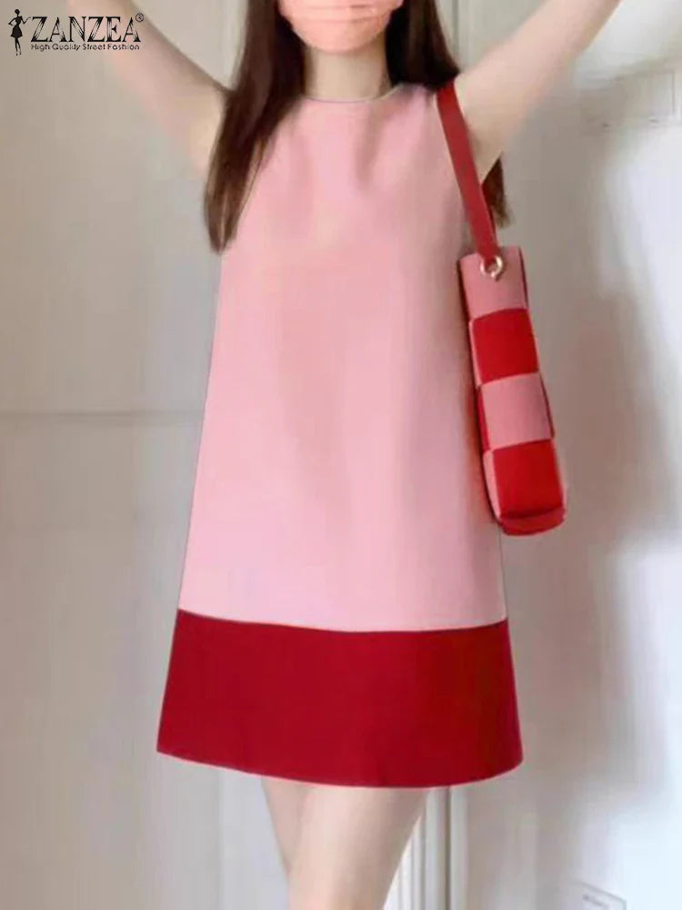 Korean Style Patchwork Sundress Sleeveless Round Neck Mini