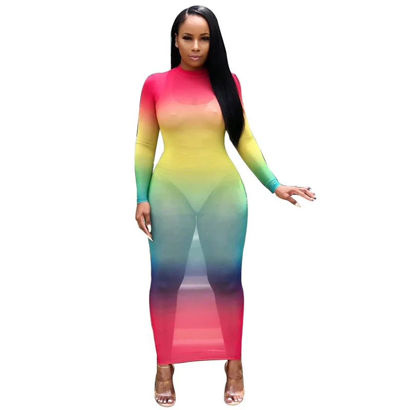 Rainbow Gradient Sheer O Neck Dress For Clubwear Nights
