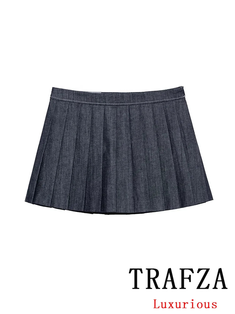 Casual Denim Loose Fit Women Suit Set with O Neck Zipper Bomber Jacket and Pleated Mini Skirt Vintage Inspired Spring Summer Fashion Ensemble