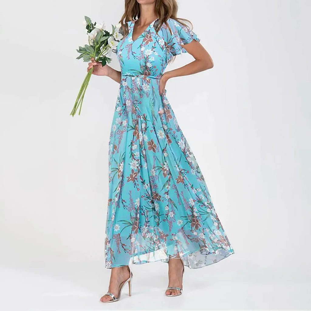 Women's Floral Chiffon Swing Dress with V Neck Short Sleeve
