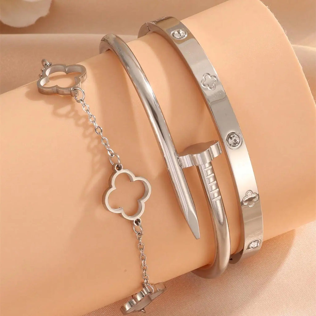 3PCS Lucky Clover Women's Bracelet Set High Quality Stainless Steel Charm Jewelry Gift