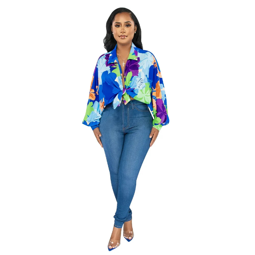 Women's Printed V-Neck Ramie Shirt Loose Bat-Sleeve Summer Top with Belly Cover Age-Reducing Design