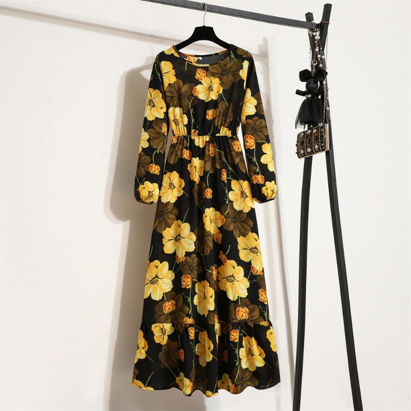 Bohemian Floral Maxi Dress High Waist Chiffon Long Sleeves
