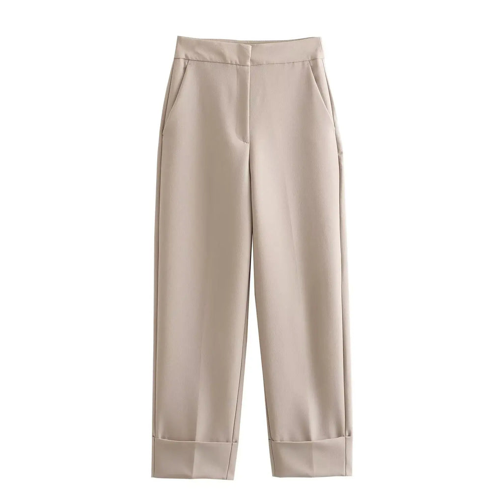 Khaki Women's Suit Set with High Waisted Straight Leg Pants and Fashion Vest