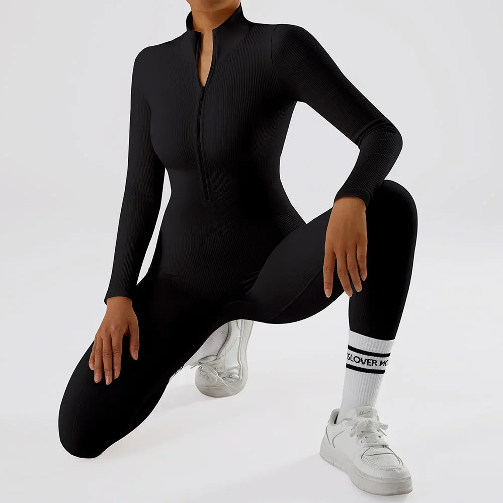 Women's Bodycon Jumpsuit Casual Fitness Rompers with Zipper Slim Fit Bodysuit Streetwear Activewear for Autumn and Winter