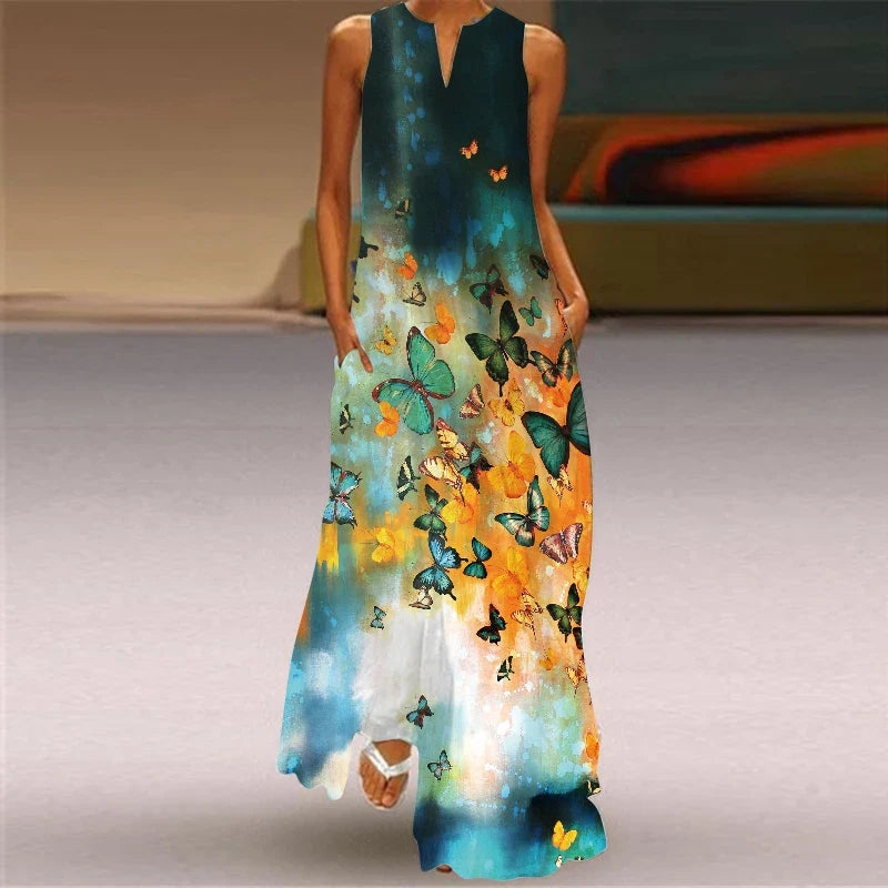 Sleeveless V Neck Printed Maxi Dress for Summer Heat