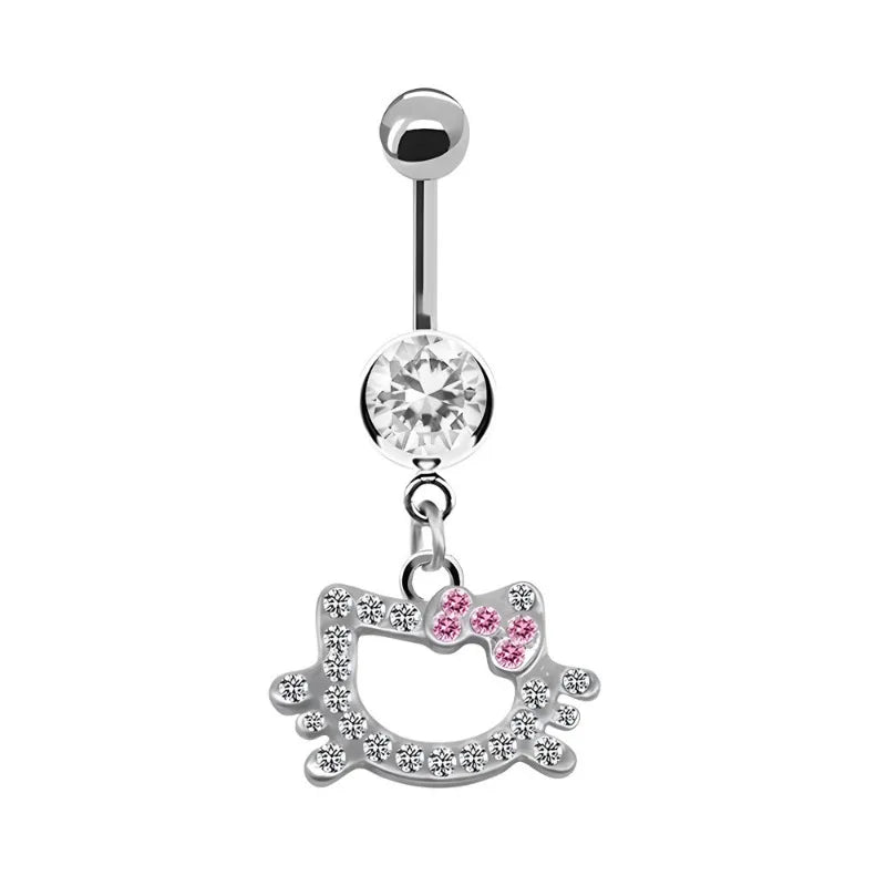 Trendy Pink Butterfly Cat Design Belly Button Ring for Women Stainless Steel Navel Piercing Jewelry