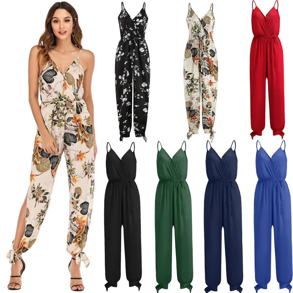 Women's Spring Summer Camisole Jumpsuit with Cross-Back Lace-Up Design and Sexy V-Neck Printed Romper