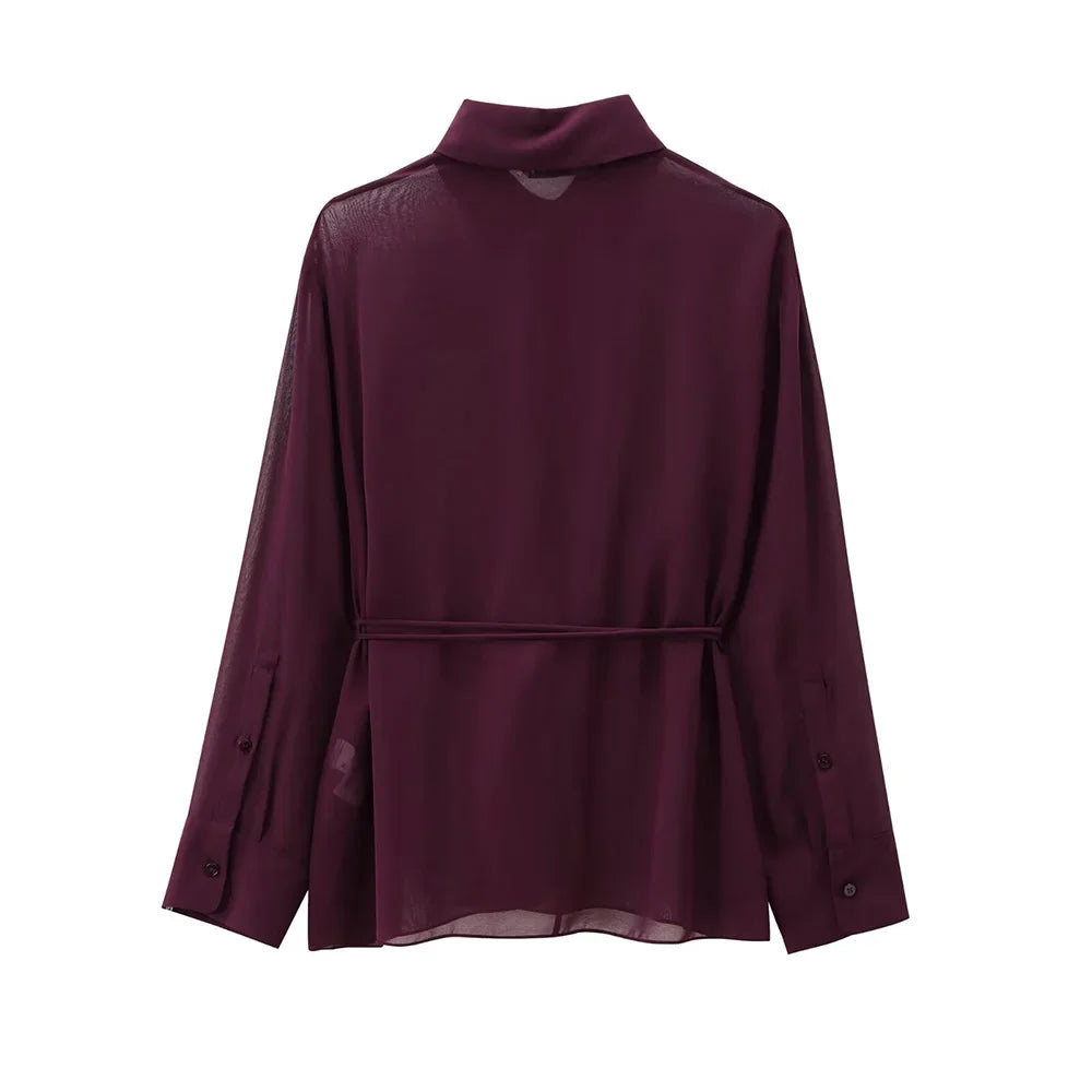 Women's Wine Red Polo Collar Chiffon Shirt Long Sleeve Single Breasted Bow Lace Up Loose Blouse