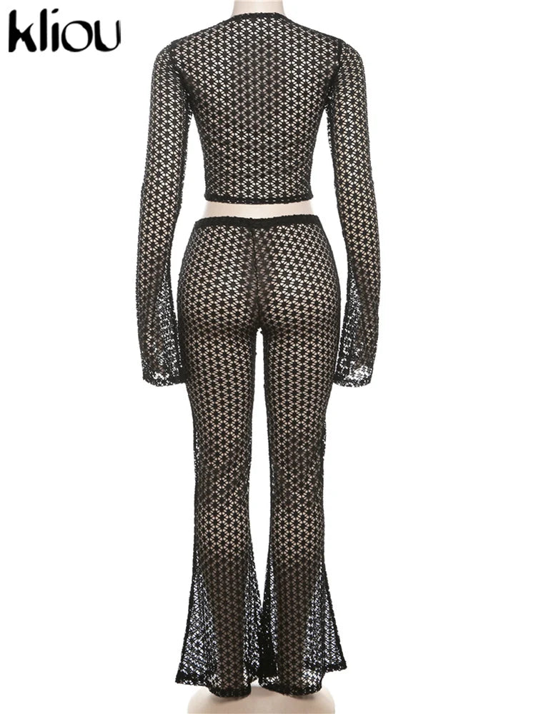 Sexy Coquette 2 Piece Set Sheer Long Sleeve Slim Top and High Waist Flare Pants Nightclub Outfit
