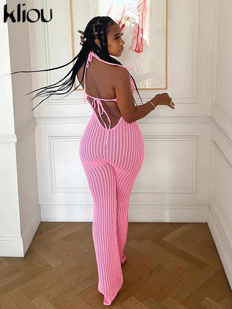 Knitted Floral Women Jumpsuit Sexy Pleated Halter Neck Bandage Low Back Skinny Overalls Trendy Solid Streetwear