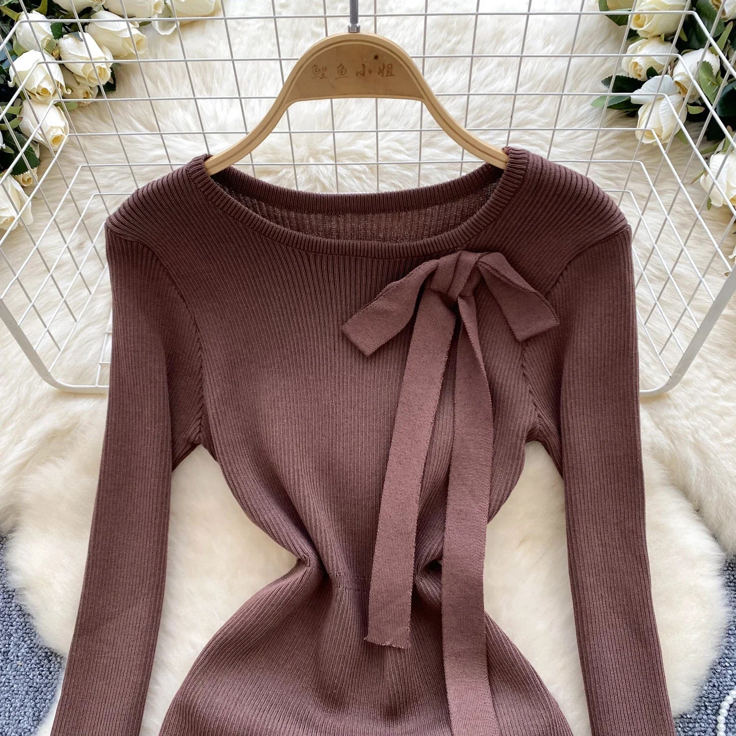 Knitted Short Dress With O Neck Bow Bodycon Chic Style