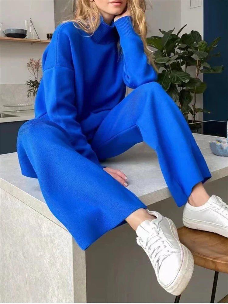 Blue Knitted Tracksuit Set for Women Featuring Turtleneck Sweater and Straight Leg Jogging Pants