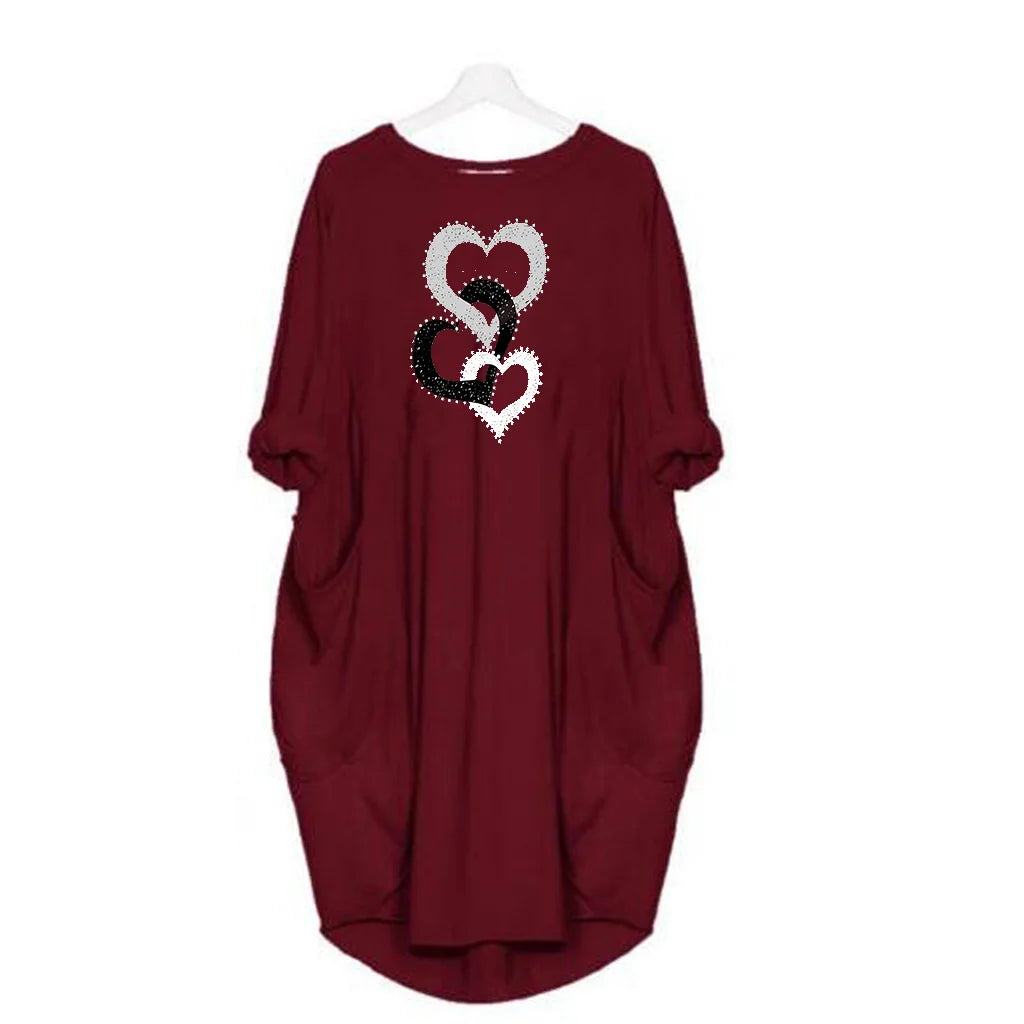 Heart Print Pocket Dress For Women Casual Summer Wear