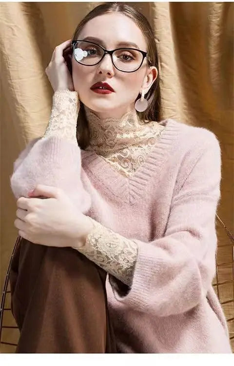 Thick and Thin Fleece Women's Long Sleeve High Neck Lace T-Shirt for Office and Casual Wear