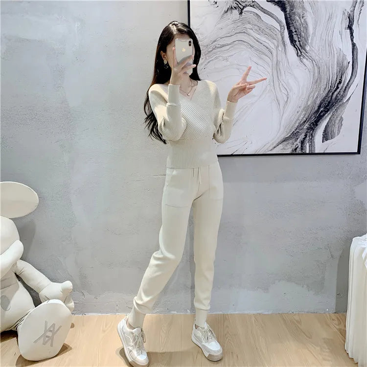 Elegant Ribbed Knitted Two Piece Tracksuit Set for Women with Backless Top and Long Harem Pants