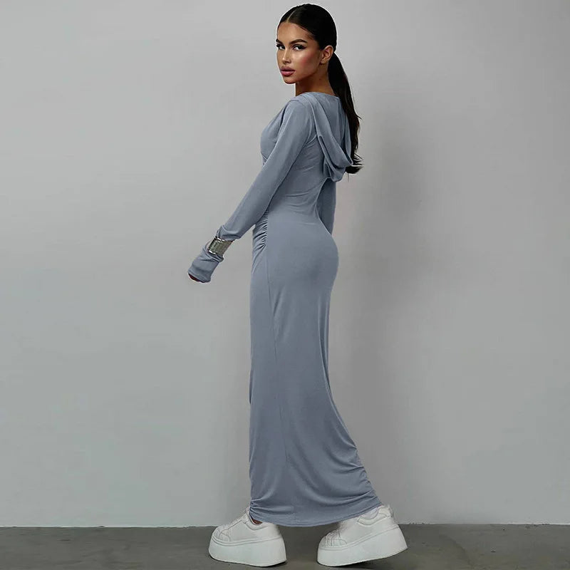 V Neck Solid Maxi Dress With Draped Silhouette Long Sleeve