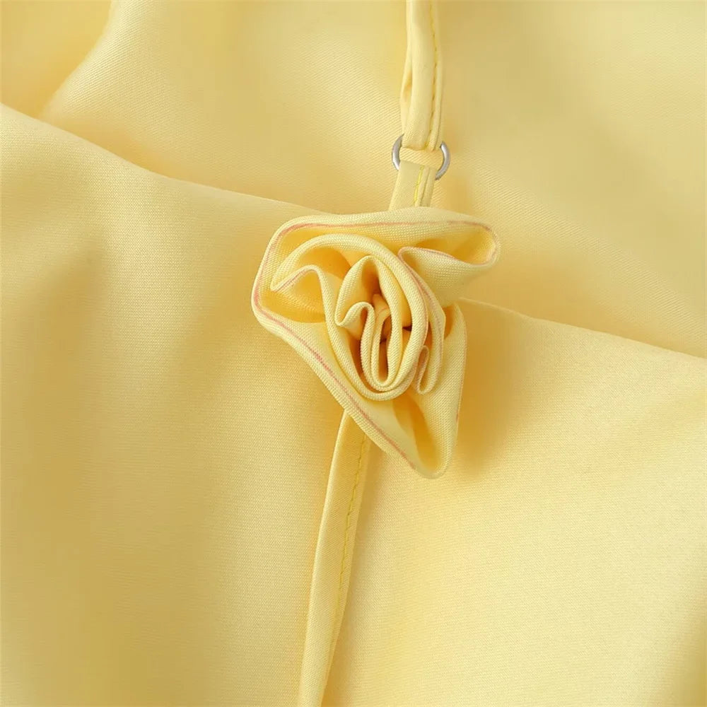 Three Dimensional Flower Satin Strap Skirt For Casual Wear