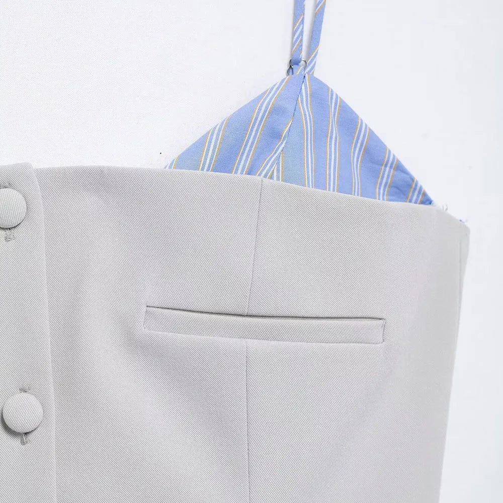 Patchwork Mini Dress With Adjustable Straps Front Buttons