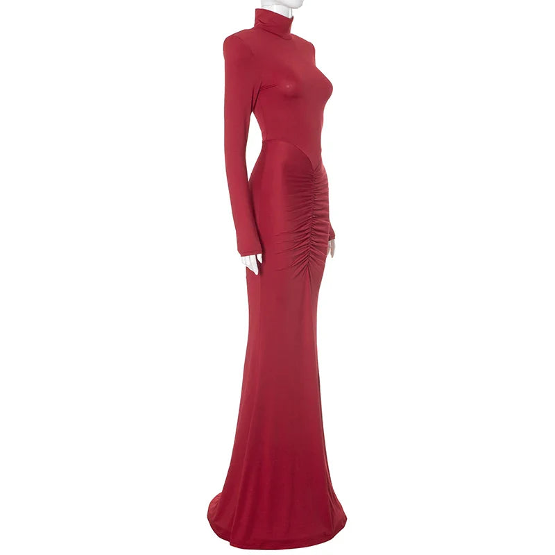 High Collar Pleated Fishtail Dress With Shoulder Pads