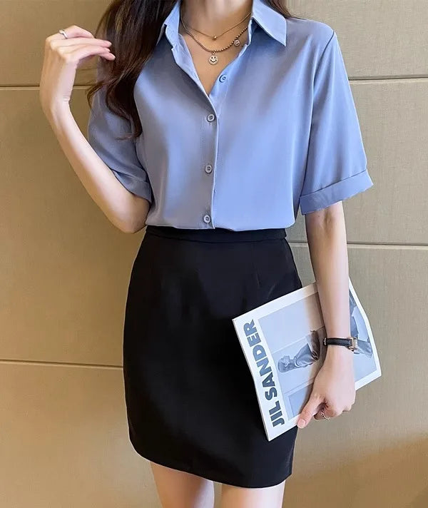 Women's Summer Short Sleeve V-Neck Chiffon Blouse Loose Fit Casual Office Pullover Shirt
