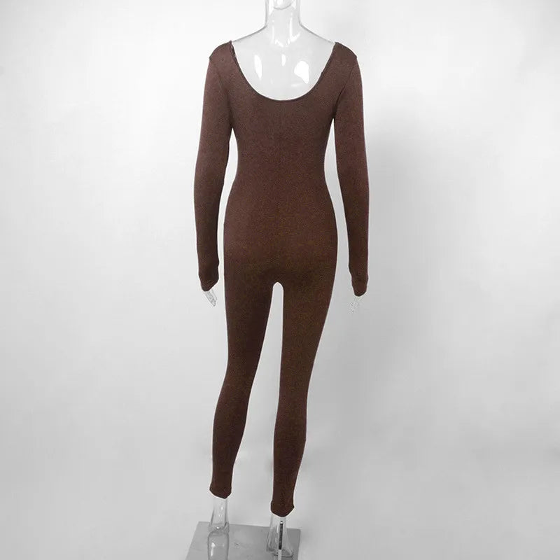 Women's Black Long Sleeve Bodycon Jumpsuit Slim Fit Sexy Solid Romper Casual Sporty Skinny Streetwear for Autumn Winter