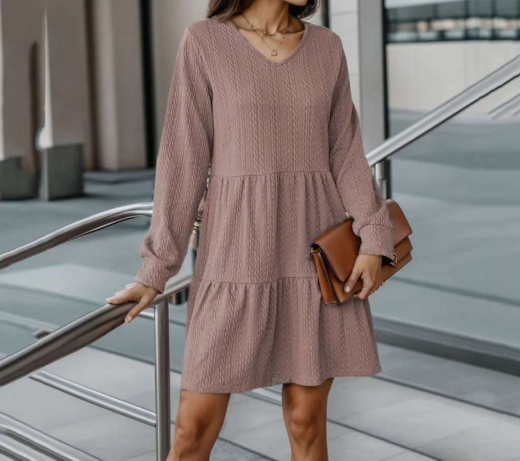 Womens V Neck Long Sleeve Autumn Dress In Solid Color