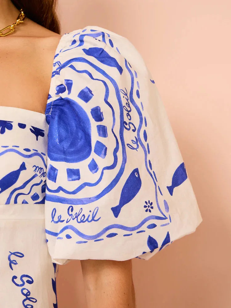 Bohemian Printed Lantern Sleeve Maxi Dress With Collar