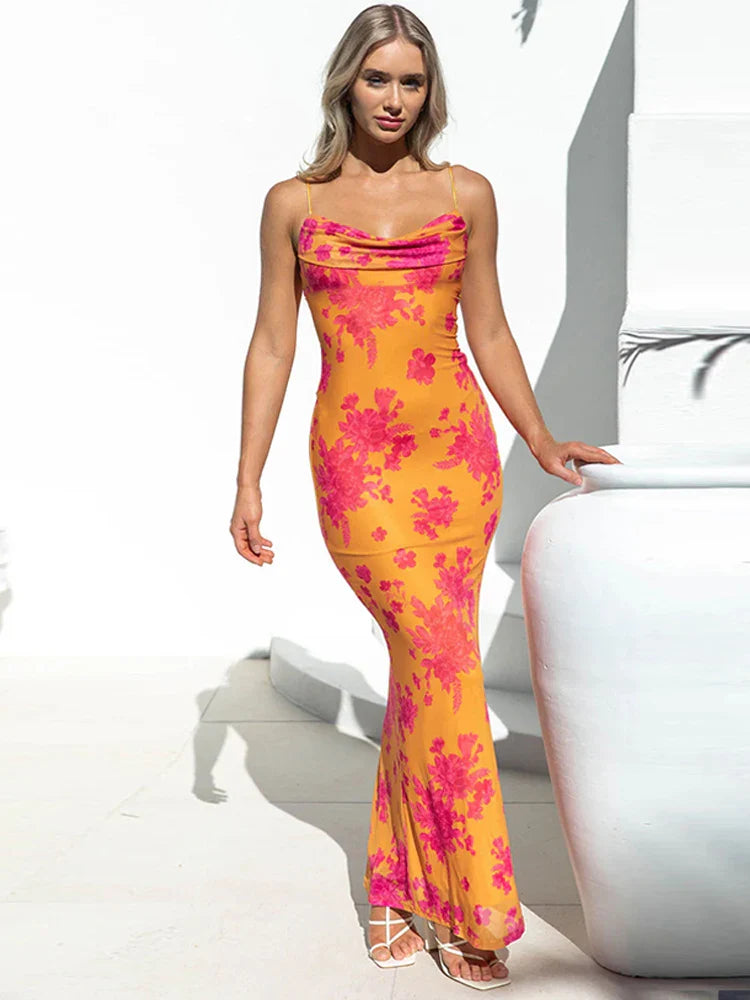 Floral Spaghetti Straps Maxi Dress Backless Evening Party
