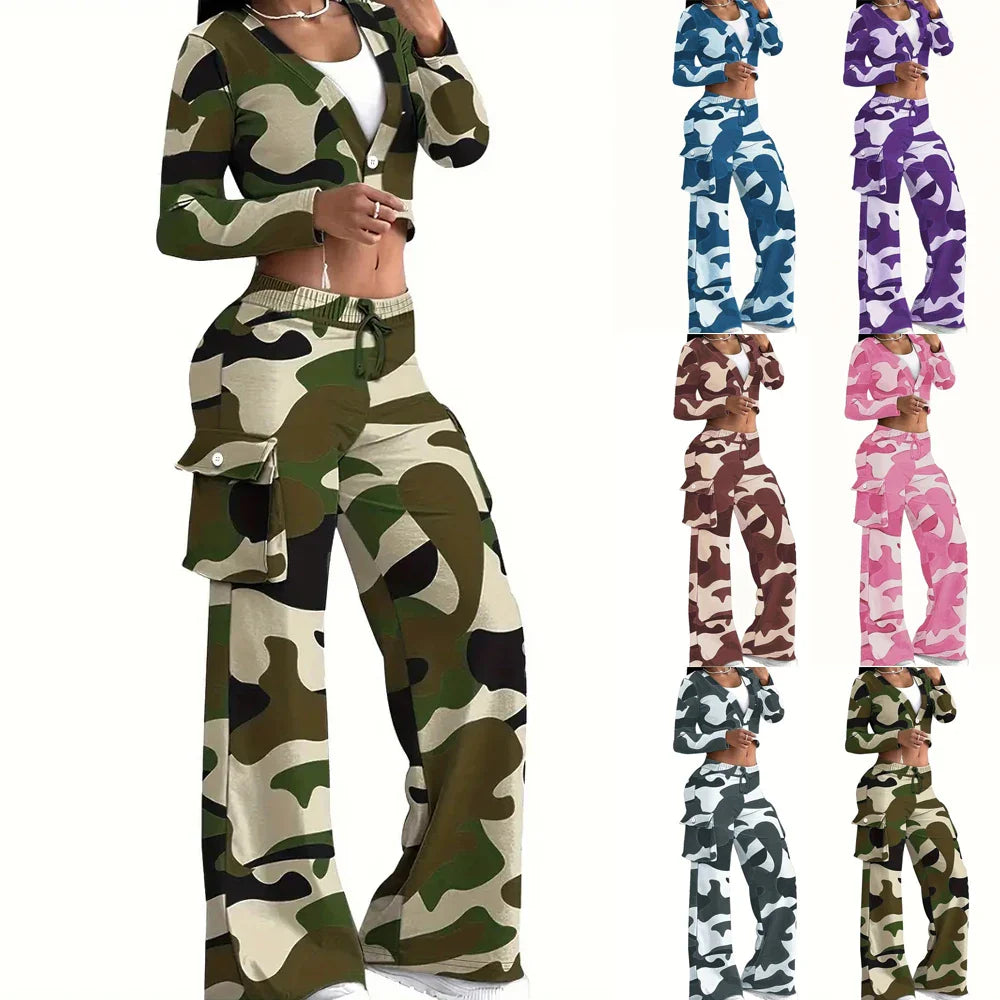 Camo Print Cargo Pants Set with Sexy Crop Top and High Waist Wide Leg Trousers for Women