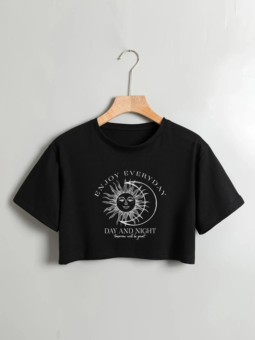 Celestial Chic Sun Moon Graphic Crop Top Casual Crew Neck Short Sleeve T-Shirt for Women Fashionable Comfortable Clothing