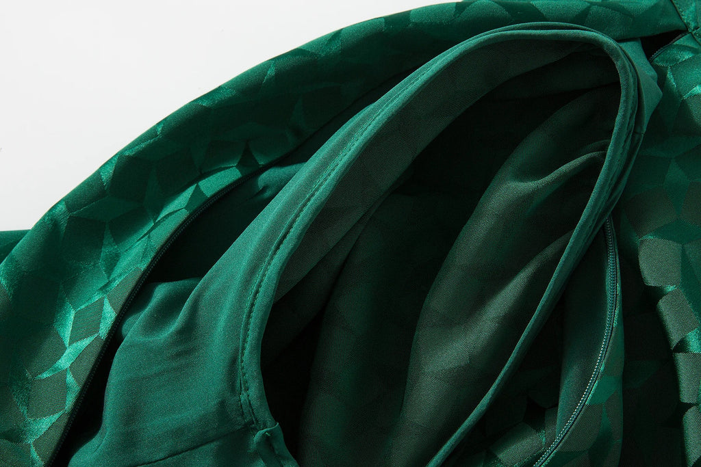 Elegant Green Pleated Long Sleeve Dress With Bow Collar